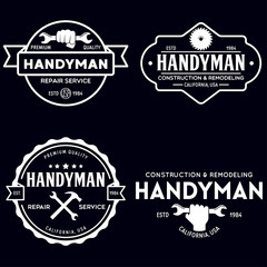 Obraz premium Handyman labels badges emblems and design elements. Tools silhouettes. Carpentry related vector vintage illustration.