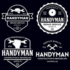 Handyman labels badges emblems and design elements. Tools silhouettes. Carpentry related vector vintage illustration.