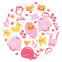 Baby shower vector illustration. Newborn girl arrival and shower collection with accessories for kid. It s a girl. Clothing animals cat fox duck rabbit whale, penguin, cat.