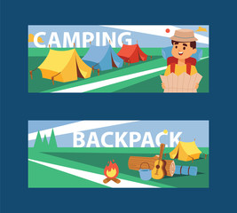 Summer camp banner vector illustration. Camping and Travelling on holiday with different equipment. Cartoon traveller with map and backpack flyer, brochure.