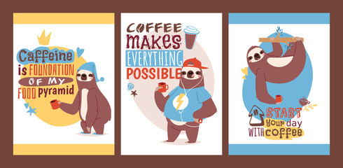 Sloth with cup of coffee set of animal cards. Enjoy the morning. Vector illustration with textstart your day with coffee. © Vectorvstocker