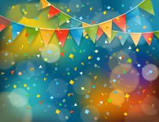 Abstract colorful background with confetti and color flags. Vector illustration