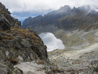 Beautiful Vysne Wahlenbergovo pleso mountain lake in Furkotska dolina view from Bystre sedlo with steep trail with chain in slovakian high Tatra mountains. Summer panoramas lovakian high Tatra © Kristyna
