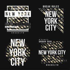 Set of t-shirt design in military army style with camouflage texture. New York City typography with slogan