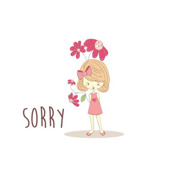 Cute cartoon girl holding flowers feeling sorry. Vector illustration. Usable for childish posters, prints, greeting cards, invitations, stationary and scrapbook.
