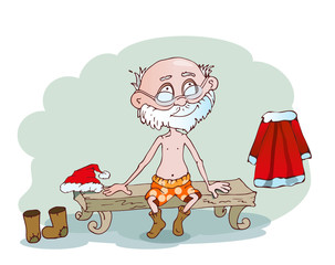 Santa Claus is dressed for the holiday. An old man in socks sitting on a wooden bench next to a hat and boots.