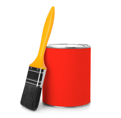 Red paint can with brush on white background. Space for design