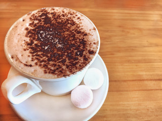 Drink Hot Chocolate topped by Milk Latte Foam with marshmallow in white ceramic cup on wooden table background. Relaxed with healthy dairy beverage with melted sweets in morning.