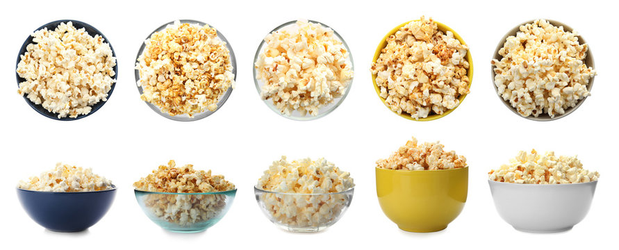 Set With Bowls Of Tasty Popcorn On White Background