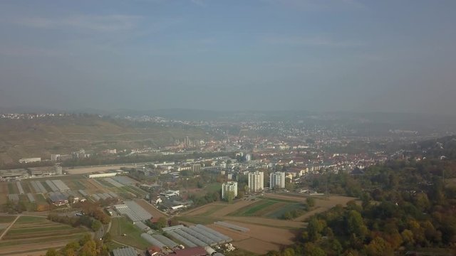 Drone flight from Ostfildern towards Esslingen near Stuttgart