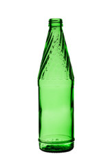 empty glass bottle of green color on a white background