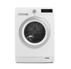Modern washing machine on white background. Laundry day - obrazy, fototapety, plakaty