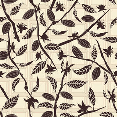 Naklejka na ściany i meble Cocoa tree branches bearing flowers and fruit pods on a chocolate tablet background. Seamless vector pattern.