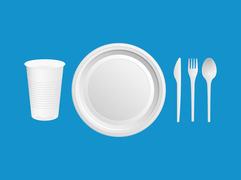 Disposable plastic dishes. Glass, knife, fork, spoon on a blue background. Vector illustration.