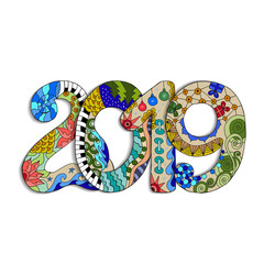 2019 Chinese New Year of the Pig. Hand drawn ornamental typography design. Calligraphy holiday inscription. Colorful vector illustration.