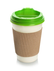 Takeaway paper coffee cup with lid and cardboard sleeve on white background