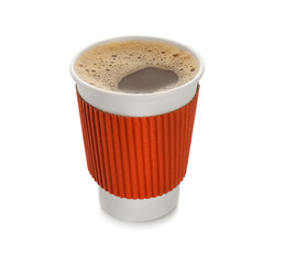 Aromatic coffee in takeaway paper cup with cardboard sleeve on white background