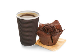 Aromatic coffee in takeaway paper cup and tasty muffin on white background