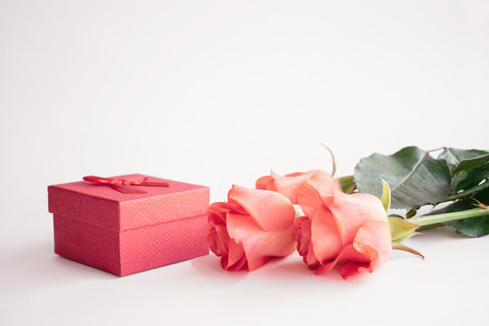 Fresh red roses and red bow gift box on white background. Valentines Day, love, romance mock up, background