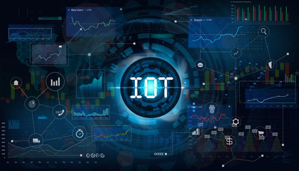 Internet of things (IOT) and networking concept for connected devices. Web grid of network connections with on a futuristic blue background, graphs and statistics data. Vector illustration