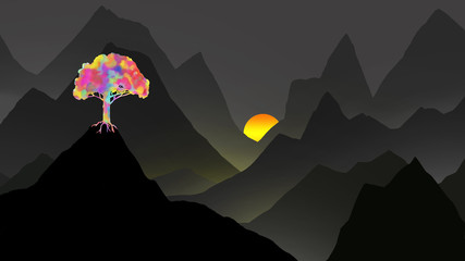 lone colorful tree on black desolate mountain landscape with sunset or sunrise shining on the tree, fantasy dream or imagination design concept of strength and growth © Arlenta Apostrophe