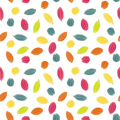 Colorful stylized cacao pods in candy colors seamless vector pattern background.
