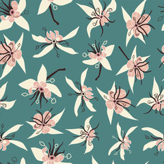 Exotic cacao tree flowers seamless vector pattern background