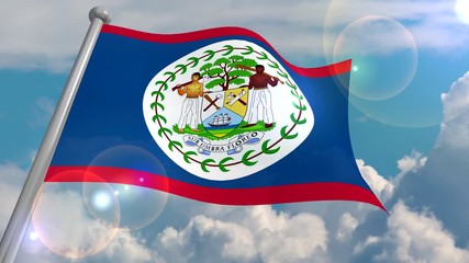 The flag of the State of Belize develops in the wind against a blue sky with cumulus clouds and a flash on the lens from the sun. 4K video is looped and decoded from a 3D program. - Powered by Adobe