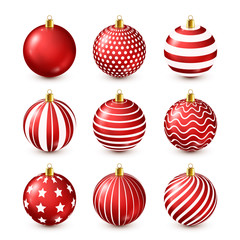 Christmas Tree Shiny Red Balls Set. New Year Decoration. Winter Season. December Holidays. Greeting Gift Card Or Banner Element.
