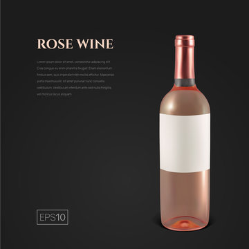 Photorealistic bottle of rose wine on a black background. Mock up transparent bottle of wine. Template for presentation in a minimalist style.