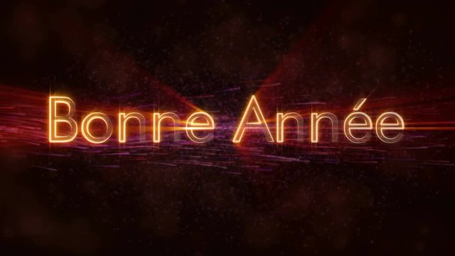 "Happy New Year" text in French "Bonne Annee" loop animation over dark animated background