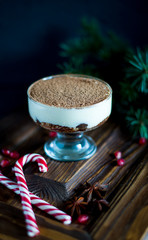 Dessert classic tiramisu in glass dessert bowl, tiramisu, dusted with chocolate, on wooden background with with fir branches, candy canes, new year's and Christmas concert (vertically, dark tohed)