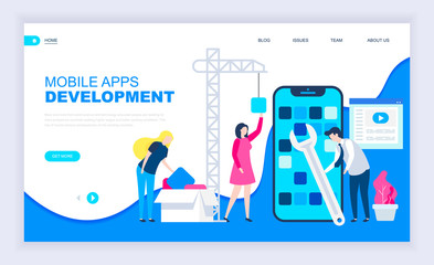 Modern flat design concept of App Development with decorated small people character for website and mobile website development. UI and UX design. Landing page template. Vector illustration.