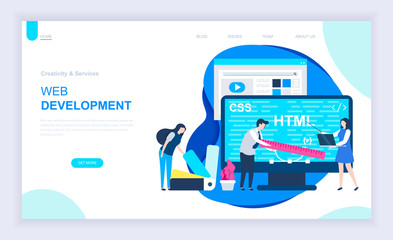 Modern flat design concept of Web Development with decorated small people character for website and mobile website development. UI and UX design. Landing page template. Vector illustration.