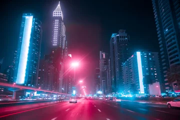  Autorijden op Sheikh Zayed Rd in Dubai & 39 s nachts, Verenigde Arabische Emiraten. Wazige beweging. Duotone retro wave neon noir lichten kleur getint © Ivan Kurmyshov