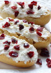 Bruschetta with cottage cheese and dried cranberries close up