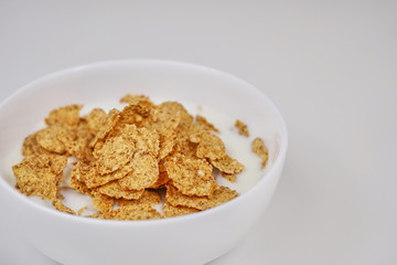 Cornflakes with milk on a white background