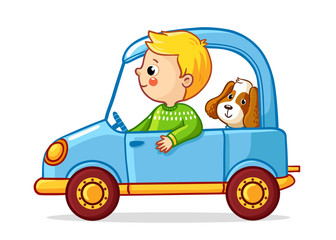Boy with a dog in blue car. Vector illustration