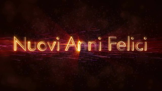 "Happy New Year" text in Italian "Nuovi Anni Felici" loop animation over dark animated background