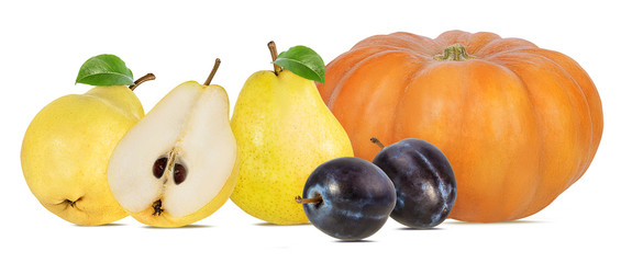 Collage of fresh autumn fruits and vegetable isolated on white background with clipping path