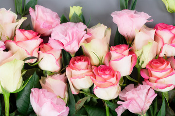 Rose fresh flowers bouquet from above, flat lay scene