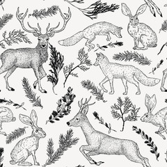 Winter seamless pattern with deer, fox, hare and evergreen plants in vintage style. Hand drawn decoration for paper, textile, wrapping decoration, scrap-booking, t-shirt, cards.
