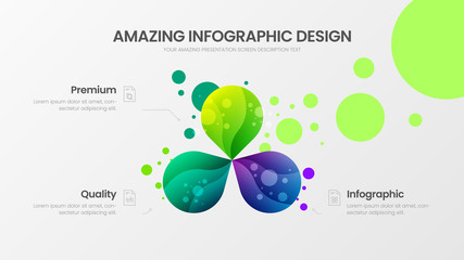 Premium quality 3 option marketing analytics presentation vector illustration template. Business data visualization design layout. Amazing colorful fresh organic statistics infographic report.