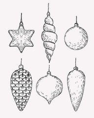 Christmas tree decoration. Hand drawn christmas balls and cones sketch.