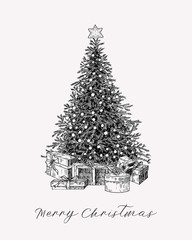 Christmas greeting card with christmas tree and gifts in vintage style. Hand drawn holiday greeting template.