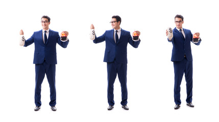 Businessman with blood bag isolated on white