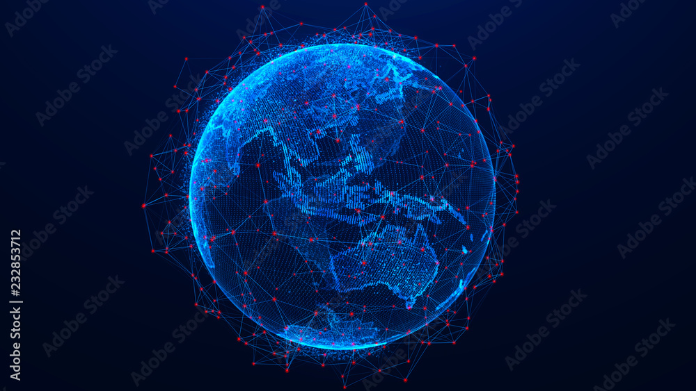 Poster Global network concept. World map point. Global network planet Earth. 3D rendering.