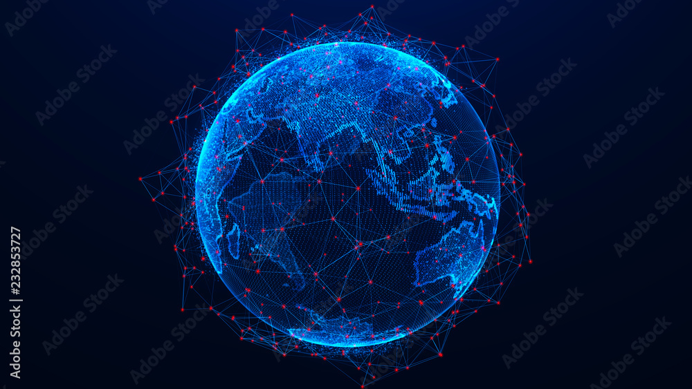 Aufkleber Global network concept. World map point. Global network planet Earth. 3D rendering.