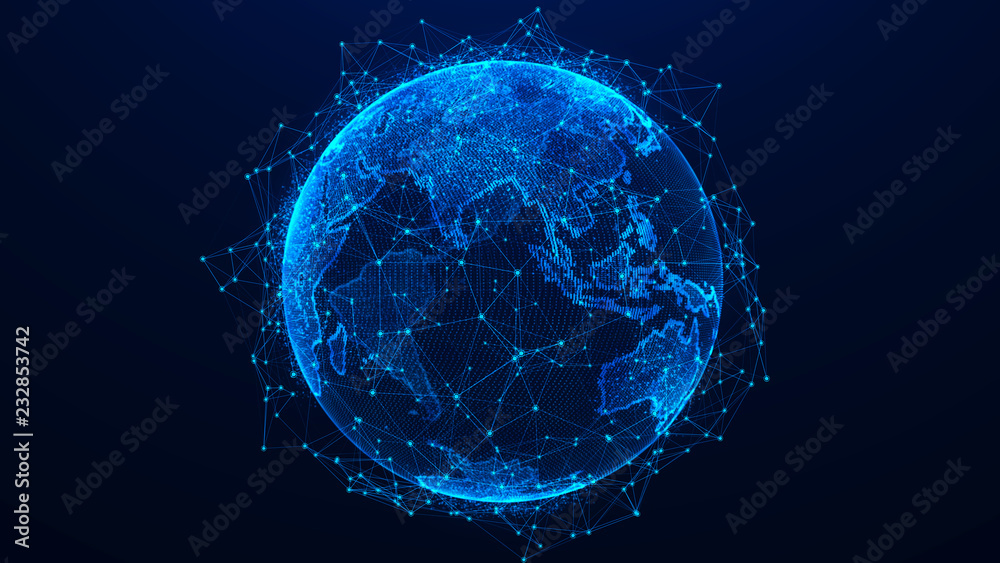 Poster Global network concept. World map point. Global network planet Earth. 3D rendering.