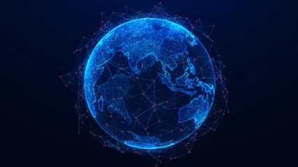 Fototapeten Globales Netzwerkkonzept. Weltkartenpunkt. Globaler Netzwerkplanet Erde. 3D-Rendering. © Oleksii